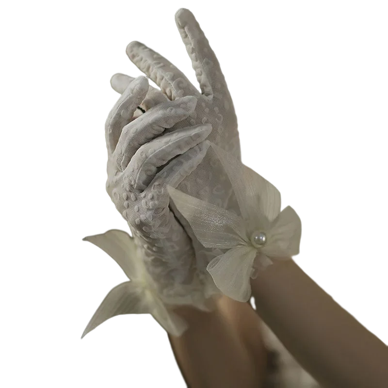 

Pretty White Handmade Flower Wedding Wrist Bridal Gloves Full Finger Bow Short Lace Brides Bridesmaid Accessories
