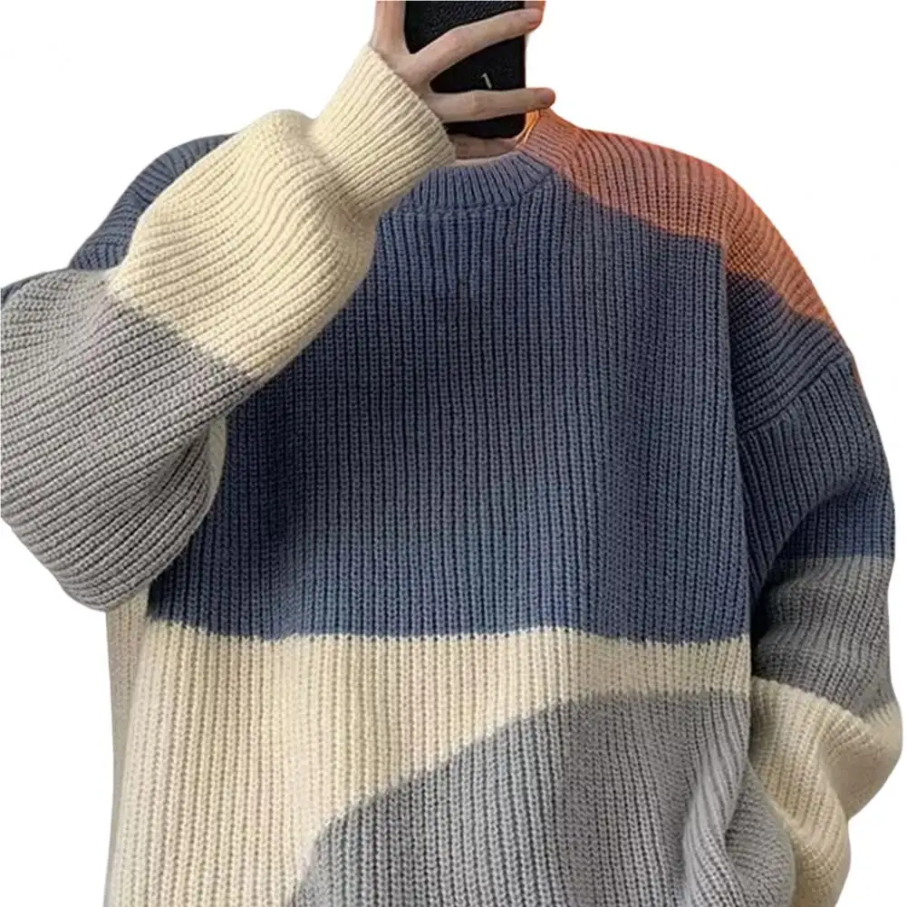 

Men Sweater Contrast Color Crew Neck Ribbed Loose Fit Long Sleeves Coldproof Comfy Autumn Winter Knitted Pullover Sweater for Da