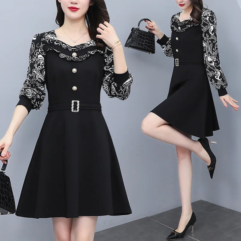 

Fashion 2022 Spring Patchwork Dress For Womens Ladies Floral Long sleeve A-Line Skater Slim Casual Birthday Party Cocktail Dress