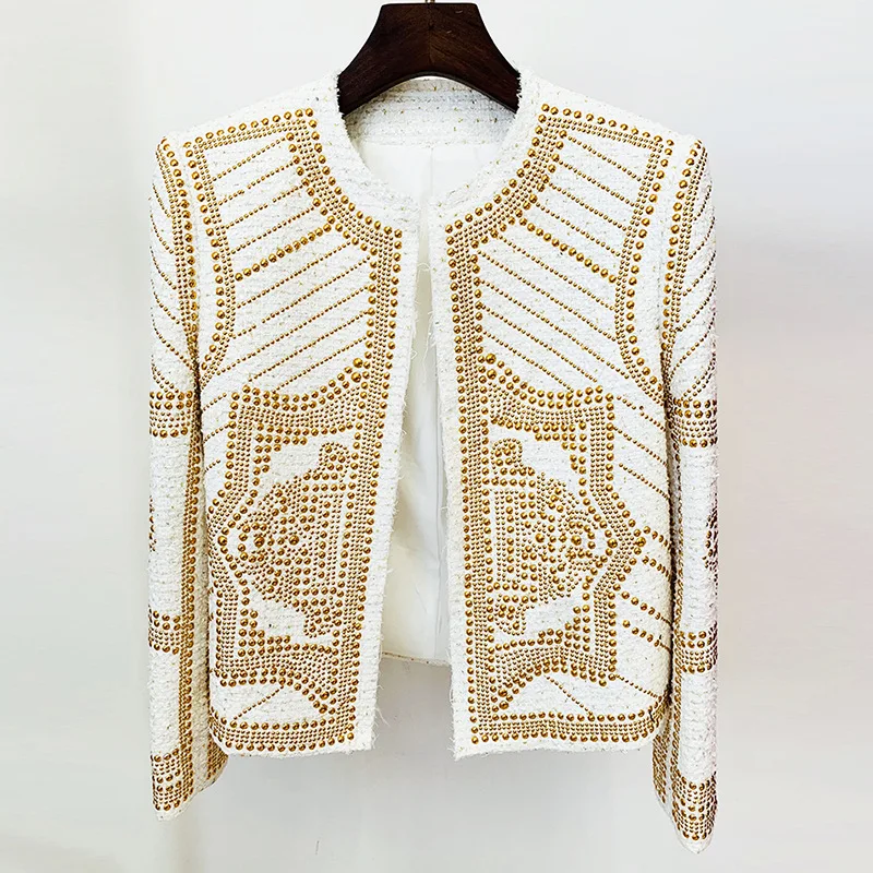 

2022 European And American Star Fashion New Heavy Industry Metal Sheet Nail Bead Tweed Woolen Round Neck Jacket Women's Coat