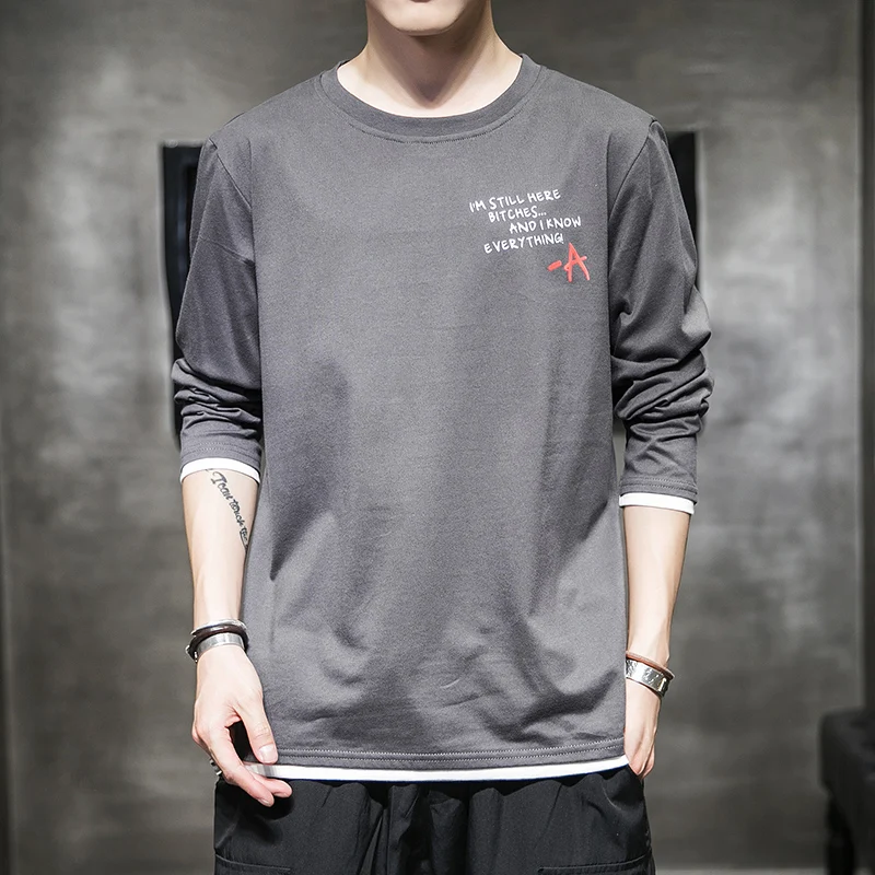 

spring and autumn trend pure cotton white versatile loose layered bottom shirt long sleeve t-shirt men's inner top white T