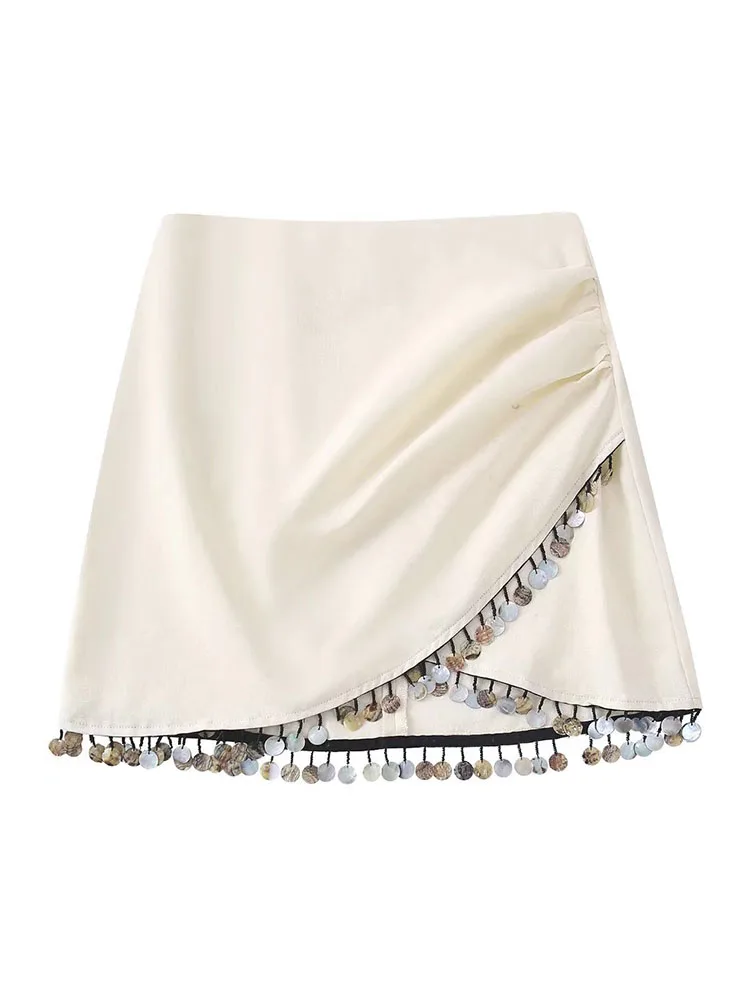 

Women 2022 New Fashion linen blend beading decoration Mini Skirts Vintage High Waist Female Skorts Mujer