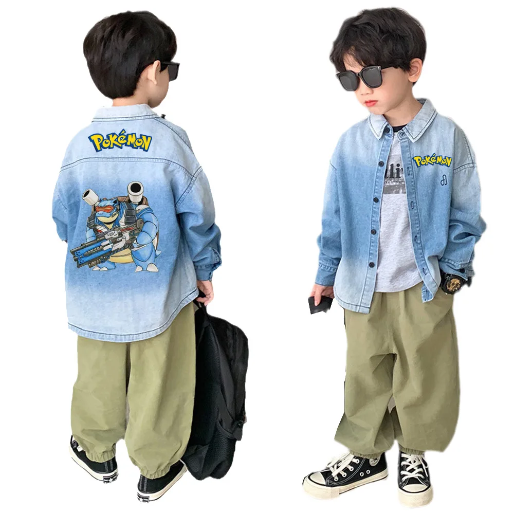 Blastoise Boy Children's Gradient Long Sleeve Denim Shirt Jacket Pants Anime Figure Soft Trousers Cardigan Birthday Present