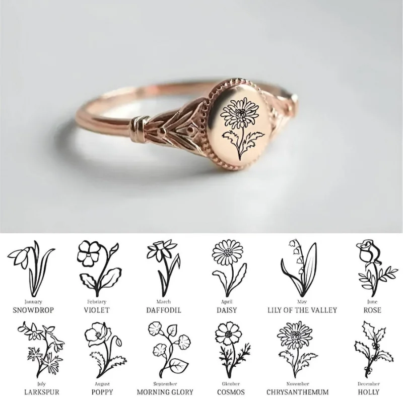Women's Ring Vintage Personalized Birthday Flower Ring 12 Month Daisy wreath Jewelry Gift
