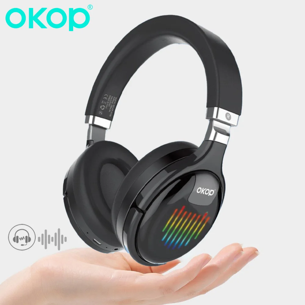 Фото OKOP Беспроводная Bluetooth-гарнитура, складная RGB-гарнитура, активное шумоподавление, динамический динамик, подходит для ноутбуков наушники №1