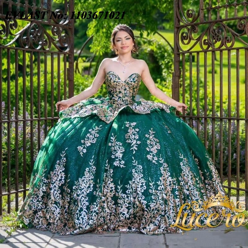 EVLAST Блестящее темно-синее платье Quinnceanera бальное золотая кружевная аппликация