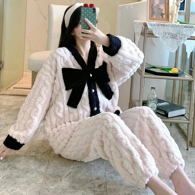 Small Fragrant Wind Pajamas Female Winter Sweet Lovely Thickened Facecloth Ladies Pajama Sets Night Gown Sleep Tops Robe Sets
