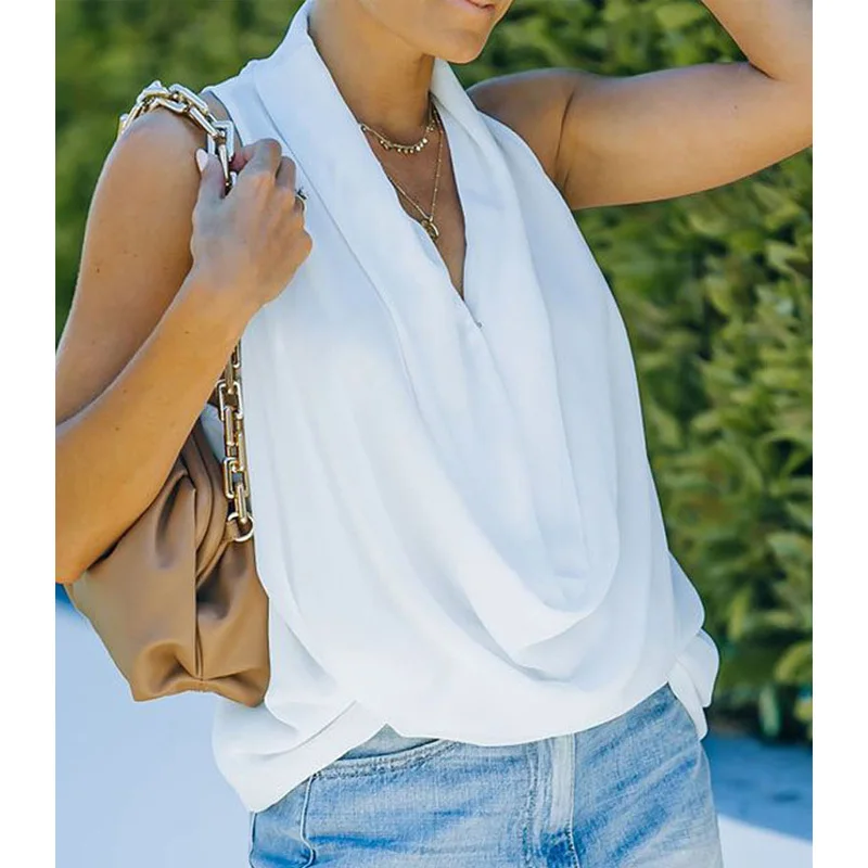 

2022 Women Fashion Summer Casual Sleeveless Deep Cowl Neck tank Tops Pullover