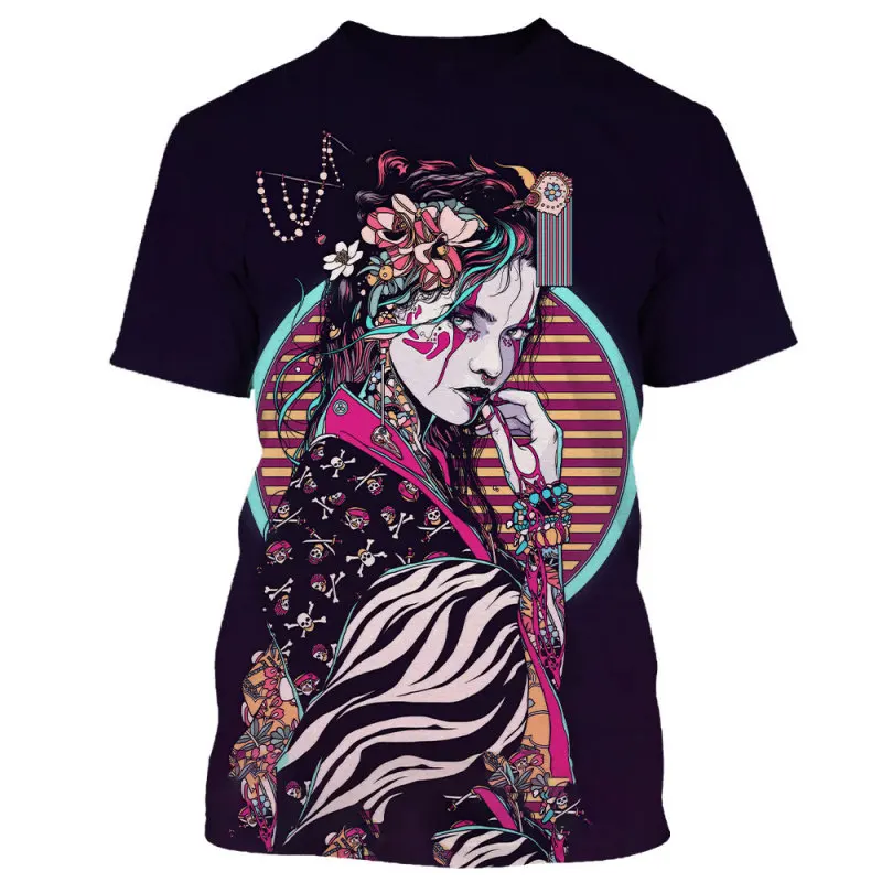 

Japanese geisha samurai men's T-shirt, round neck casual short sleeved top, summer oversized Harajuku street clothing