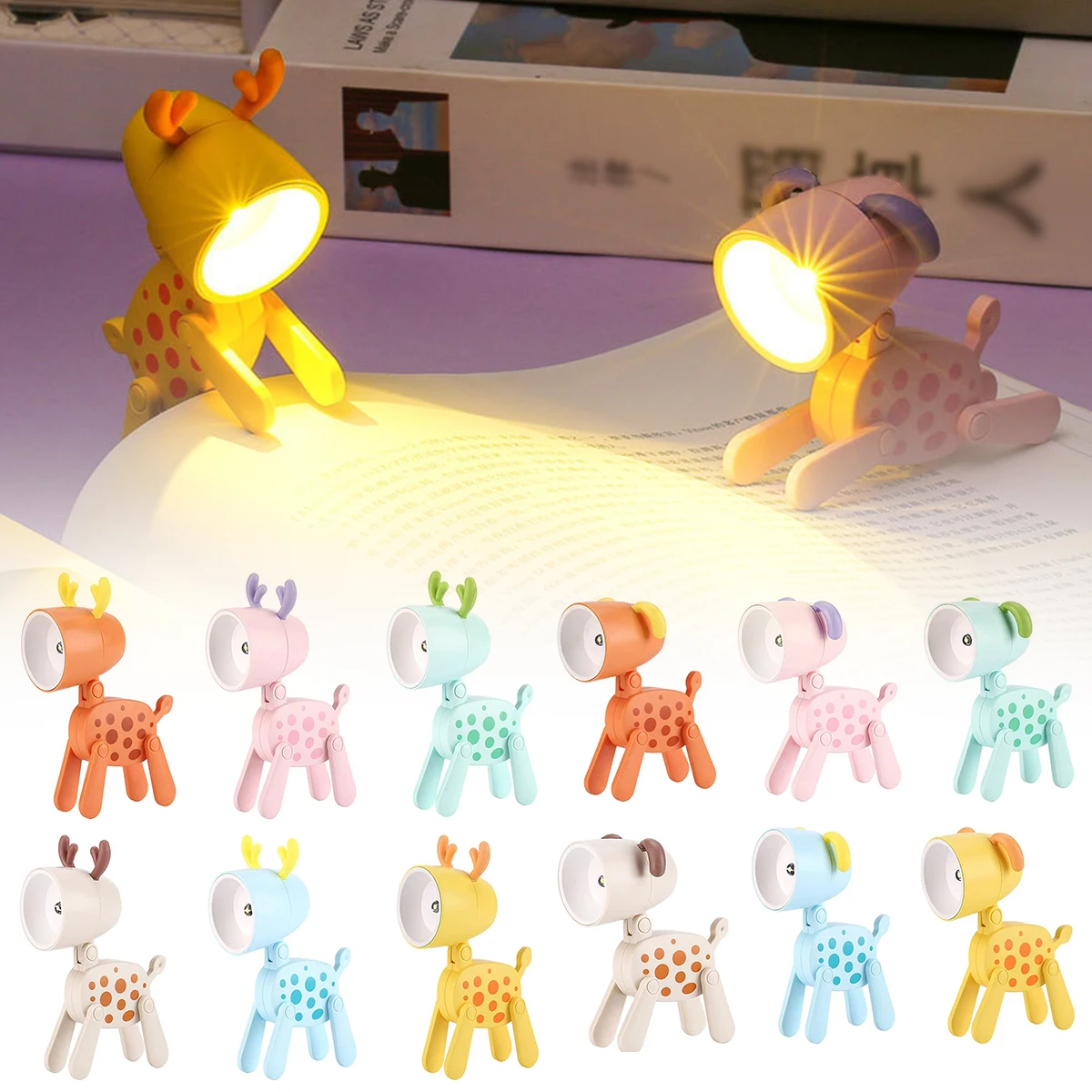 

6Pcs Mini LED Desk Lamp Animal Shape Night Light Reusable Cute Night Lamp Dog and Deer Shape Reading Table Night Battery