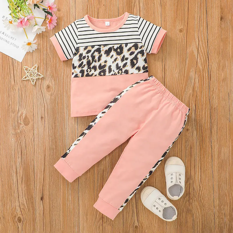 

Kids Clothes Girls Summer New Leopard Patchwork Short Sleeved T-shirts Tops + Pants Two Piece Kids Bebes Sports Suits Tracksuits