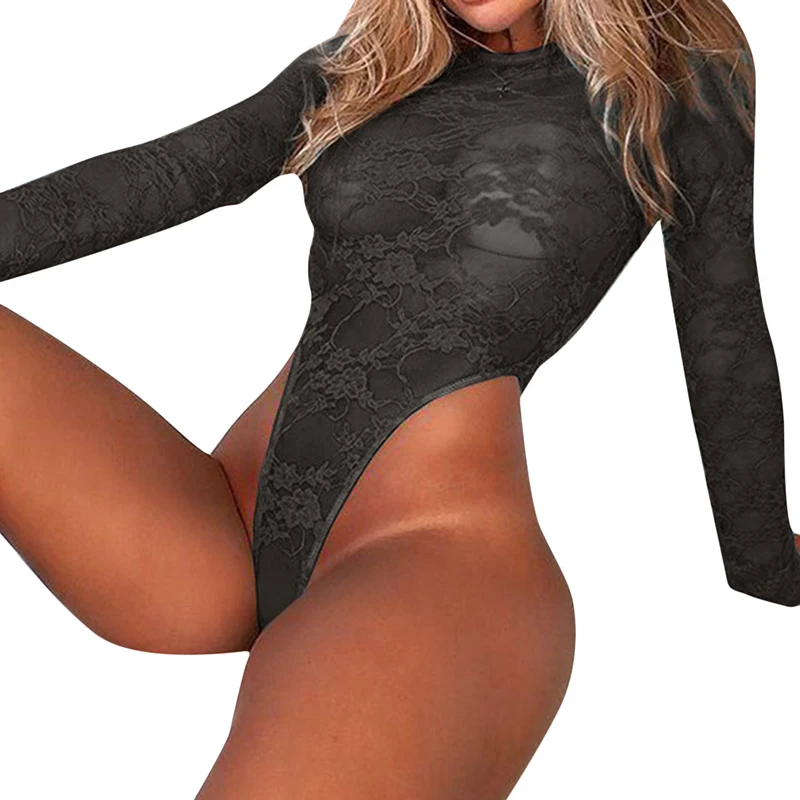 

Сексуальный женский комплект нижнего белья, Прозрачное Кружевное боди, нижнее белье с длинным рукавом, стринги, Сексуальное Женское боди