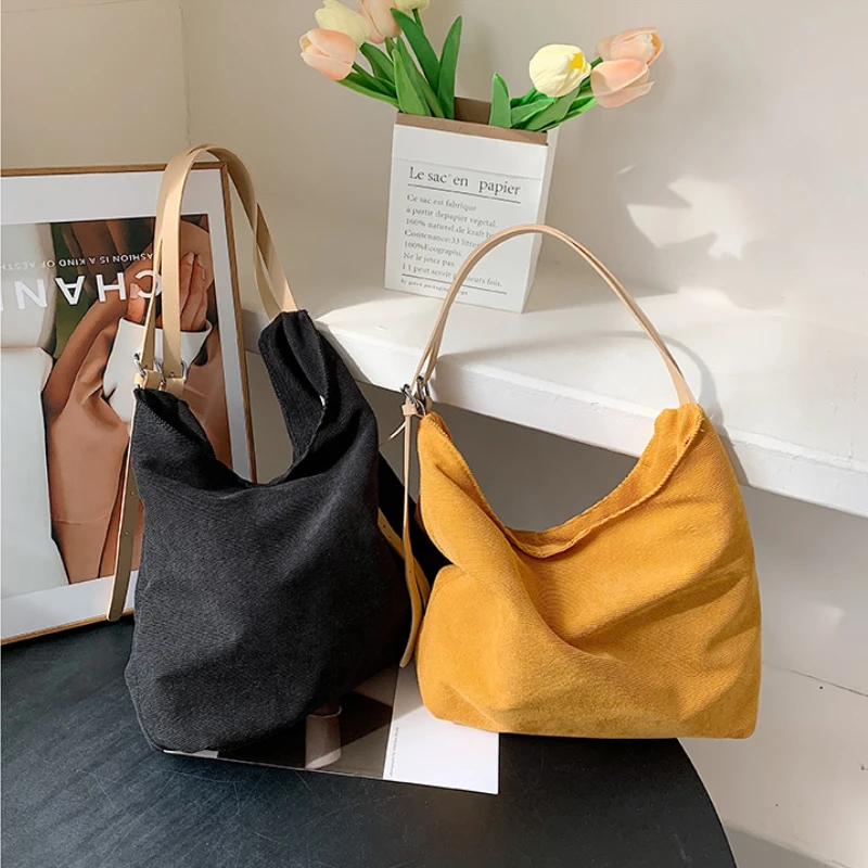 

Canvas Women Shoulder Bag Female Student Tote Shopper Bags Large Corduroy Fashion Bookbag Cotton Cloth Japanese Woman Handbag