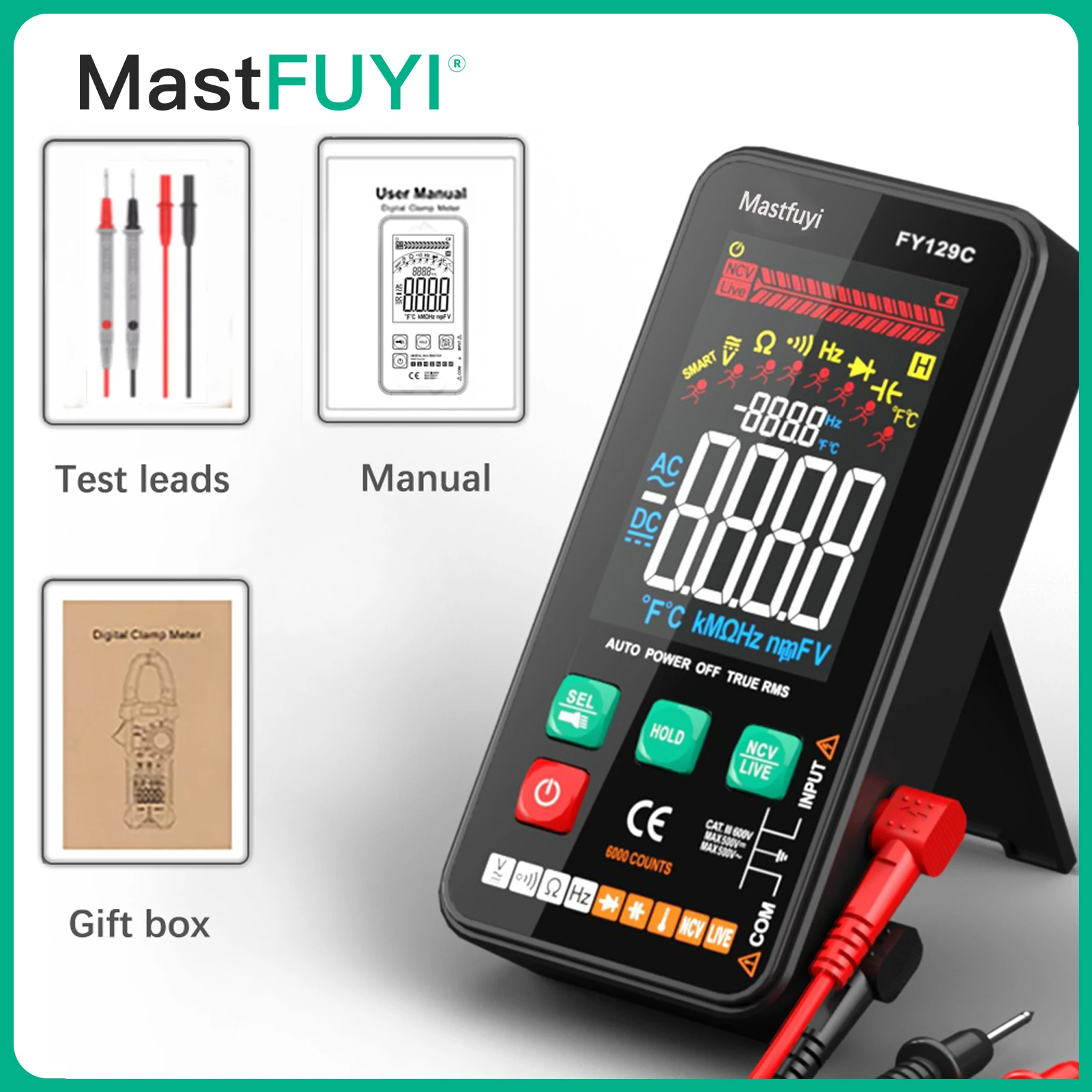 Умный Цифровой мультиметр Mastfuyi с кронштейном, большой ЖК-дисплей, цветной экран, емкость напряжения переменного/постоянного тока, Ом, диод, Бесконтактный индикатор напряжения, Гц, проверка проводов под током