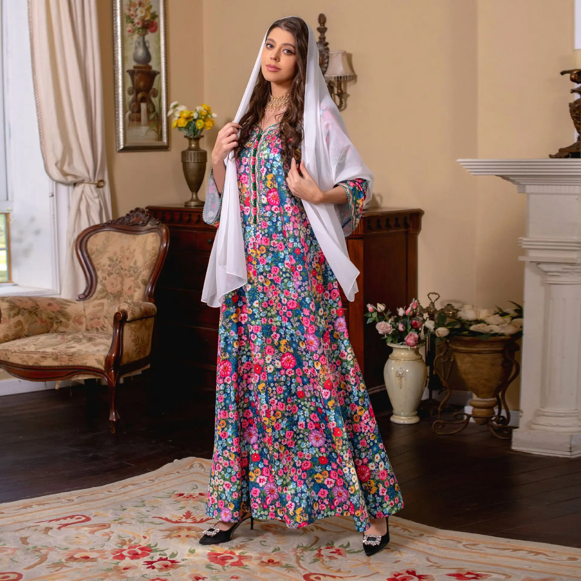 Ab272 Middle East Women's Clothing Arab Dubai Muslim Robe Abaya Printed Dress for Women Summer Robe Femme Musulmane