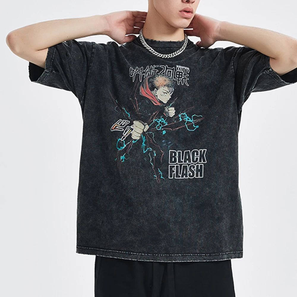 

Japanese Anime Oversized Washed T-shirt Jujutsu Kaisen Graphic Print Tshirt Cotton Summer Harajuku Casul Cozy Short Sleeve Tees