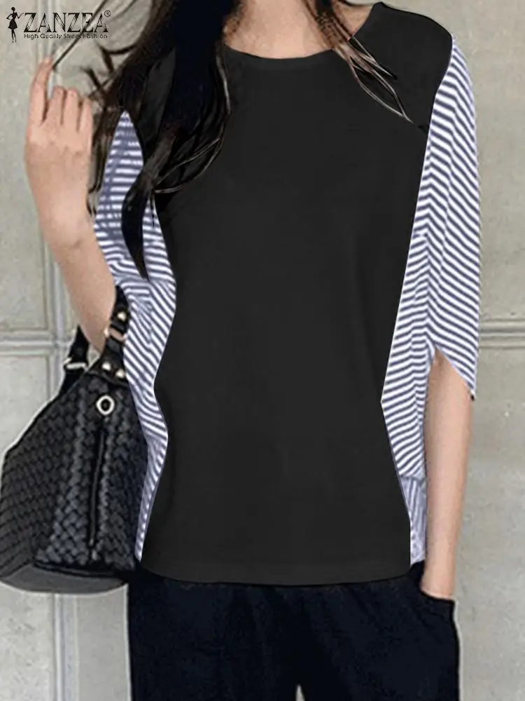 

Women Casual Half Sleeve O Neck Shirt 2022 Summer Patchwork Blouse ZANZEA Striped Printed Chemise Vocation Blusas Mujer Oversize