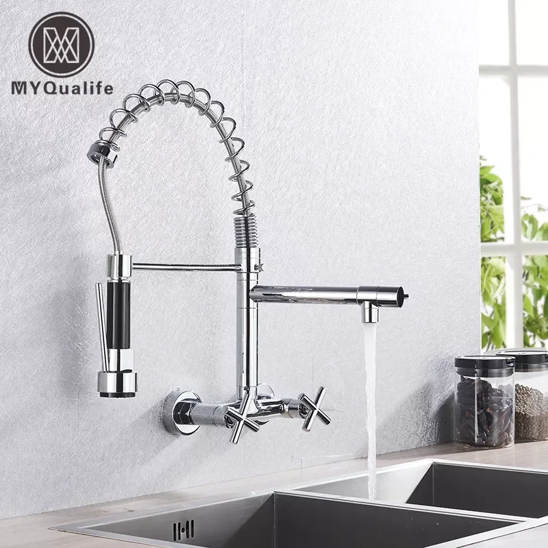 

Kitchen Faucet Torneira Cozinha Double Handle Mounted On Spring Faucet With 2 Nozzles Chrome Finish New Grifo Cocina