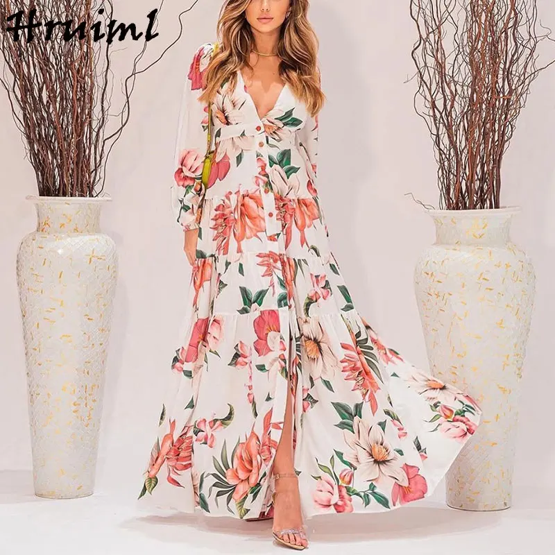 

Elegant Woman Dress Autumn Sumemr Fashion Floral Print Long Sleeve Maxi Dresses for Women Sexy Split Long Sundress Holiday Beach