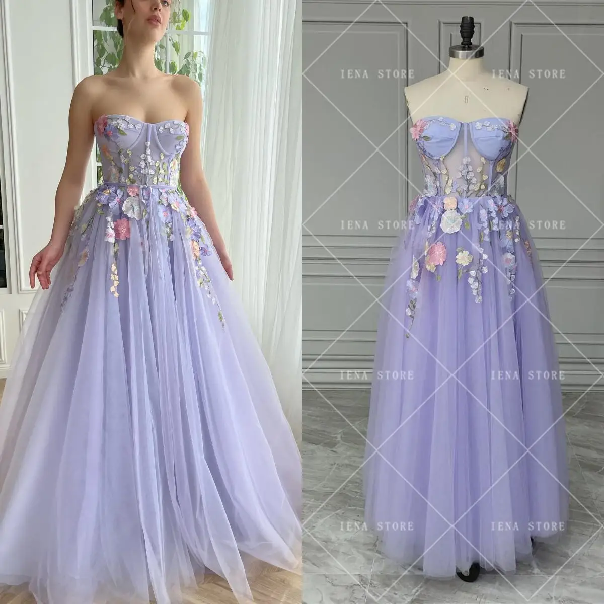 

14766#IENA Lavender Floral Tulle Maxi Evening Dresses Strapless Flower Appliques A-Line Prom Party Gowns Formal Event Dresses