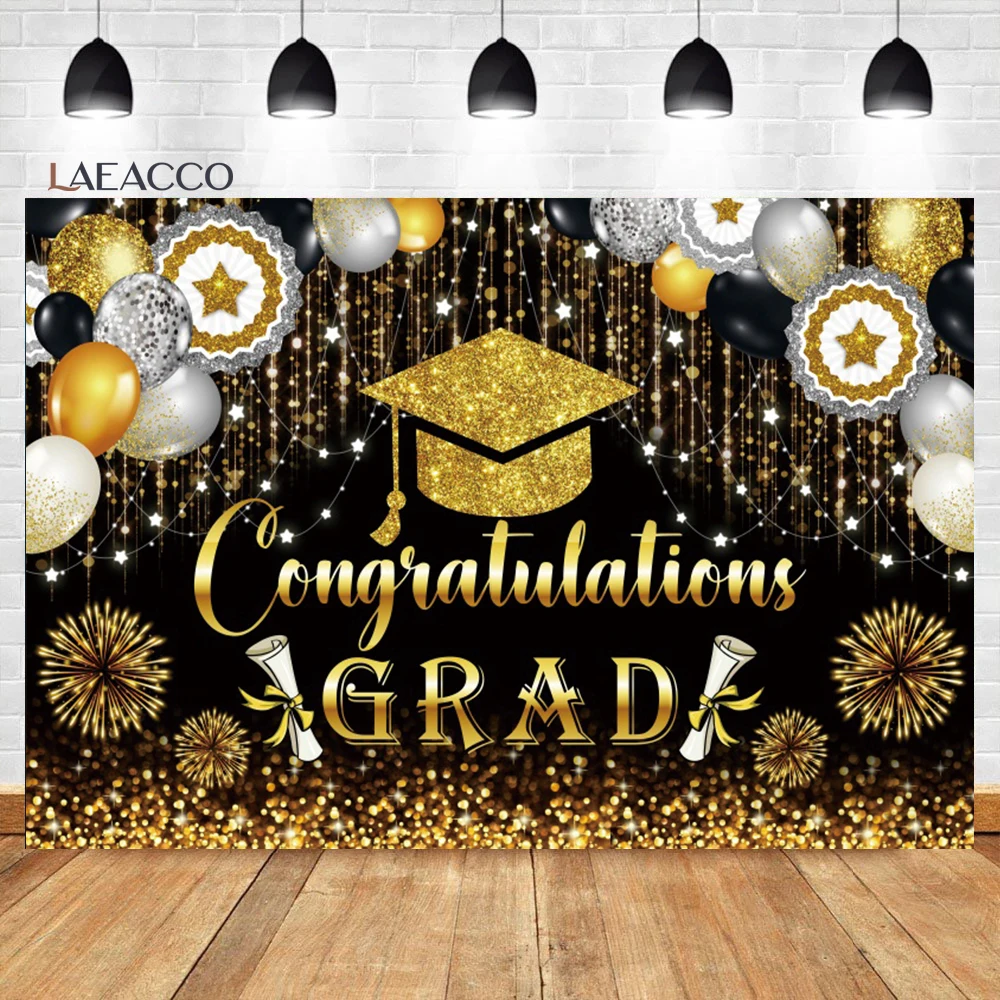 

Laeacco Congratulations Grad Photography Backdrop Gold and Black Balloons Bachelor Cap Kids Prom Party Decor Portrait Background