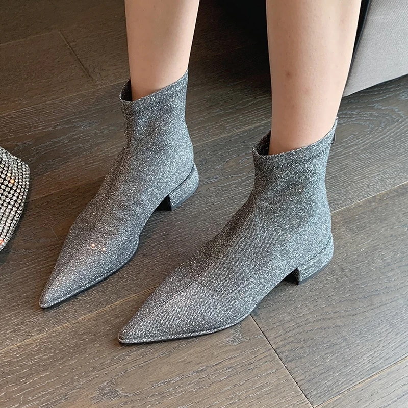 

Женские ботильоны, короткие ботинки на молнии, Женская Повседневная блестящая обувь, новая модная роскошная женская обувь с острым носком н...