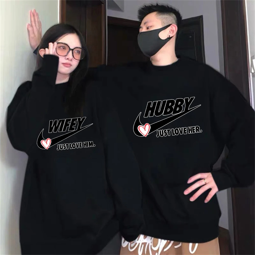 

500G High Quality Cotton Hubby Wifey Couple Hoodies Sweatshirts Autumn Crewneck Long Sleeve For Wife Husband Valentine's Gift