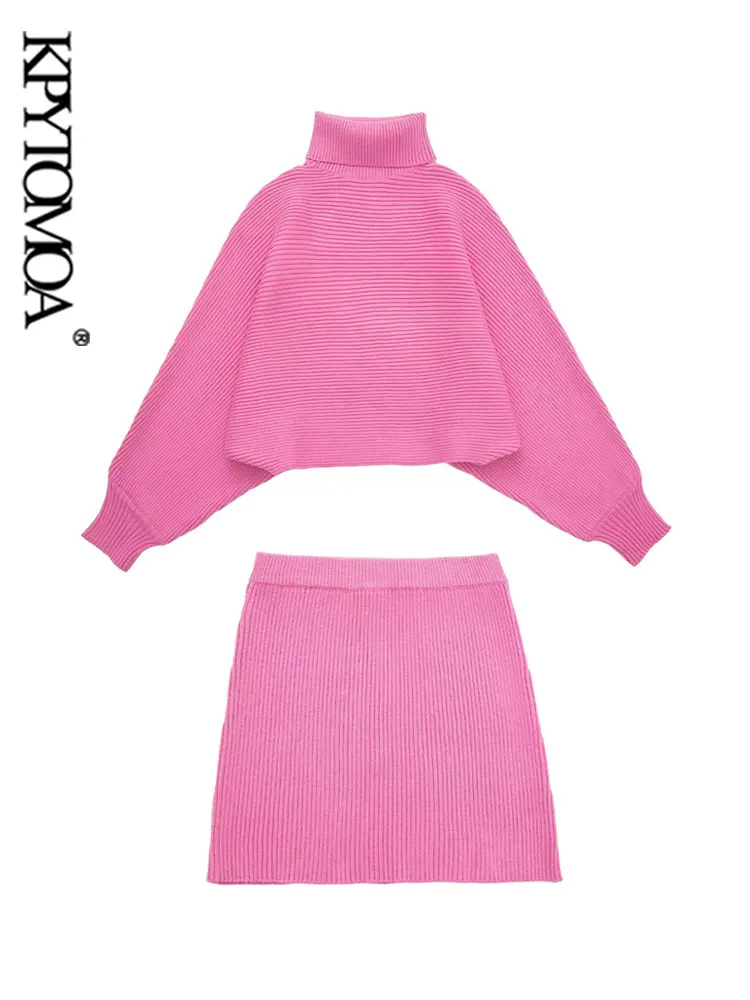

KPYTOMOA Women Fashion Loose Turtleneck Knit Sweater And High Elastic Waist A Line Mini Skirts Female Two Piece Sets Mujer