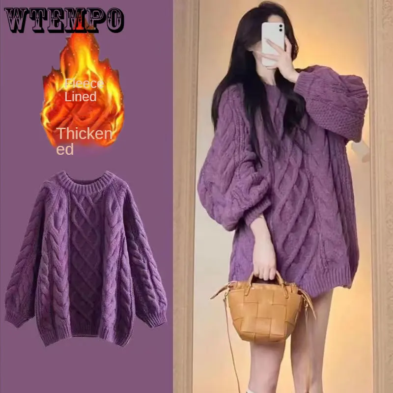 

WTEMPO Women's Sweater Plush Thickened Winter New Korean Knitwear Loose Long Sleeve Solid Knitwear Fashion Tops 2022 Women