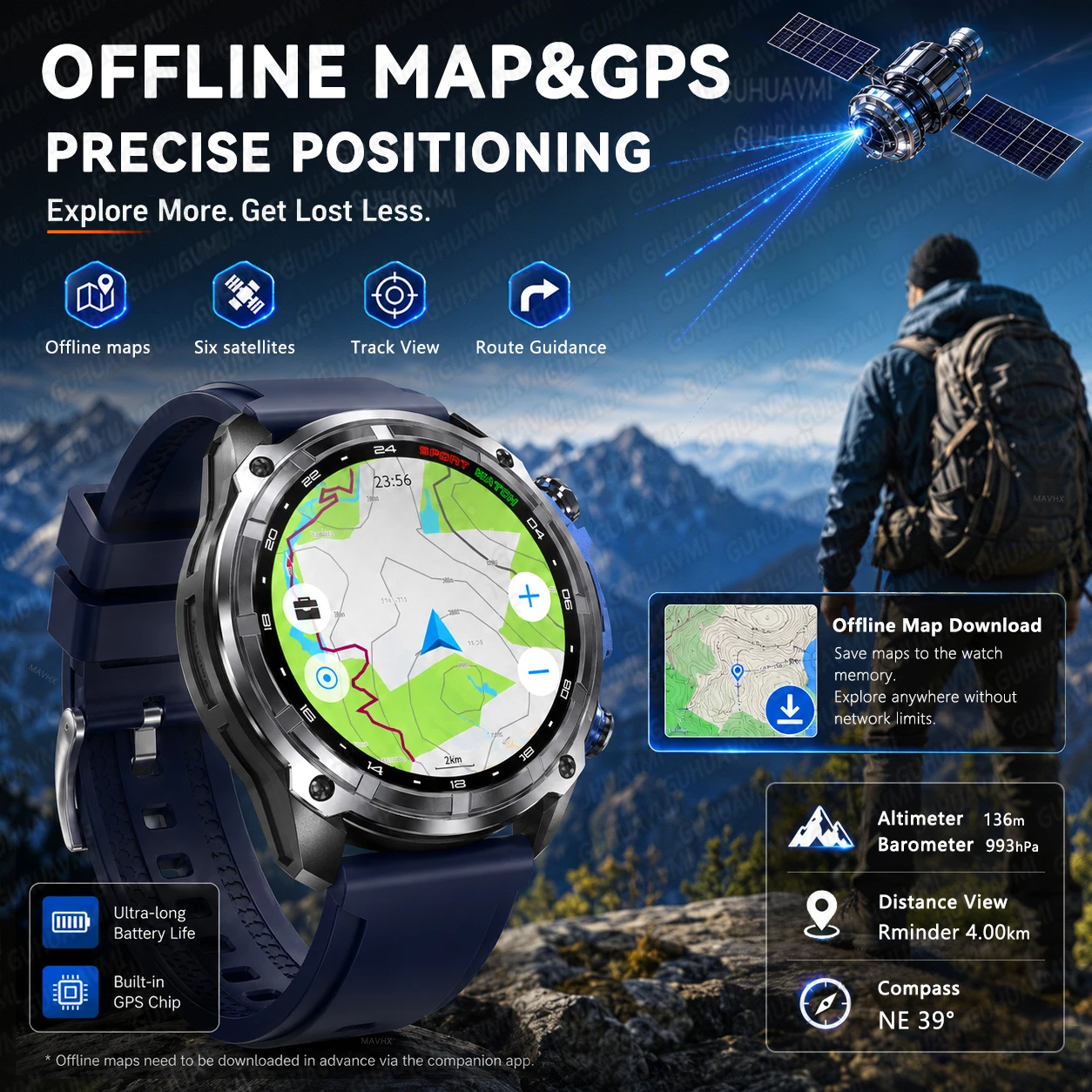 Фото Новые военные смарт-часы 2026 года с GPS и офлайн-картами для мужчин, 1,43-дюймовый AMOLED-экран, 4 ГБ ОЗУ, водонепроницаемость 3ATM, часы для плавания, Bluetooth-звонки, спортивный браслет №2