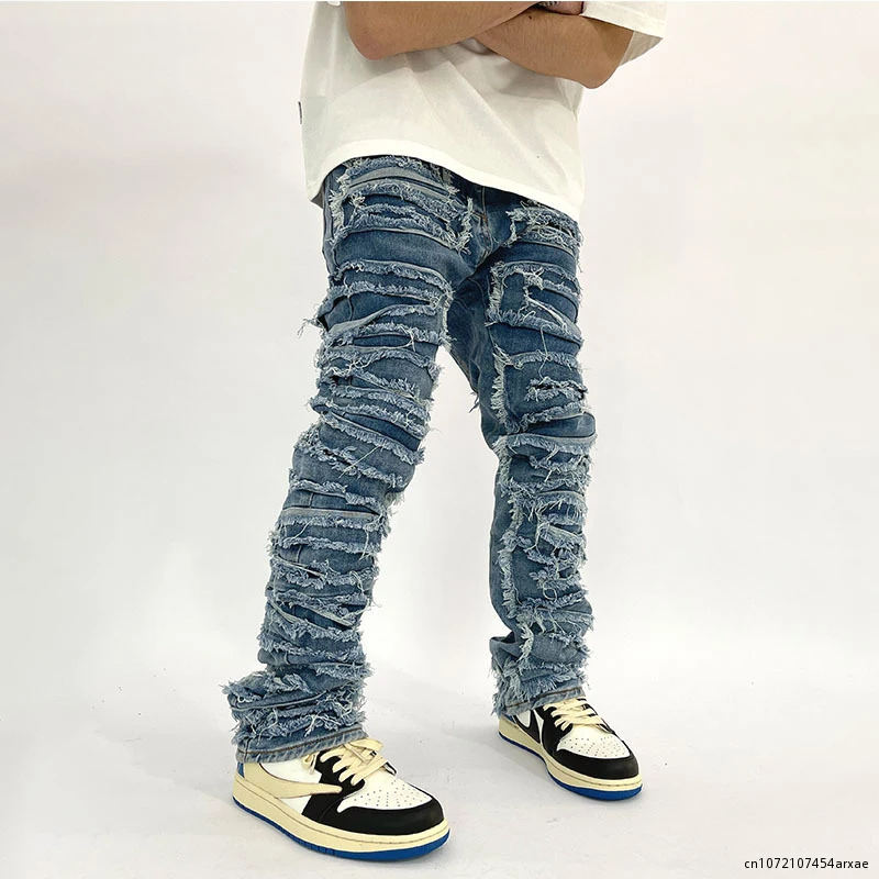 

Ripped Jeans Men Heavy Destroyed Slim Denim Pants Gothic Casual Trousers Male Streetwear Punk Hip Hop Black Blue Spring