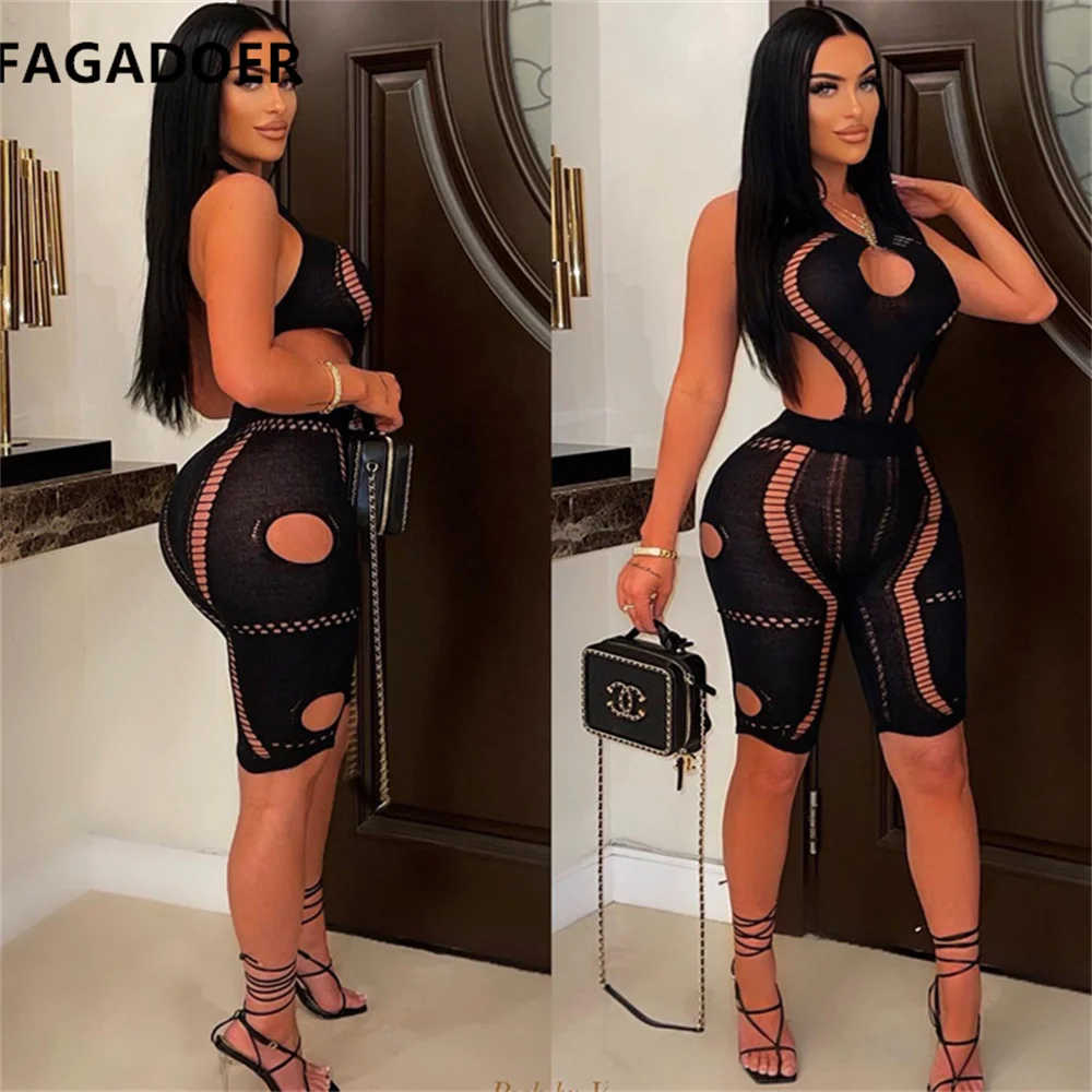FAGADOER Sexy Patchwork Mesh Short Jumpsuit Women Cut Out Sleeveless Playsuit Summer Bodycon Rompers Clubwear Bodysuits 2022 New
