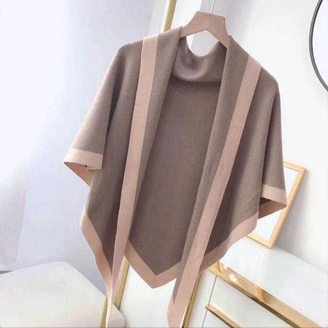 Spring Autumn Imitation Cashmere Women's Triangular Shawl High-grade Thin Knitting Summer Air Conditioning Room Bib Khaki