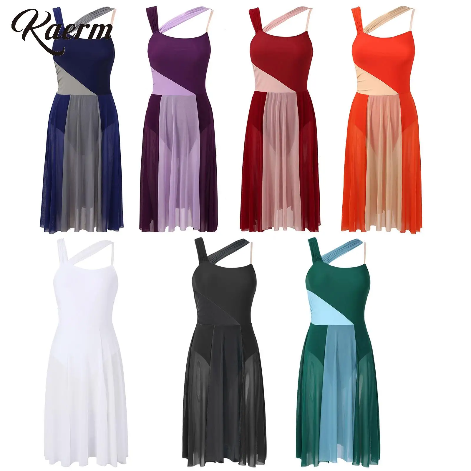 

Adult Lyrical Dance Costume Women Spaghetti Straps Ballet Leotard Overlay Chiffon Skirted Ballroom Stage Performance Dancewear