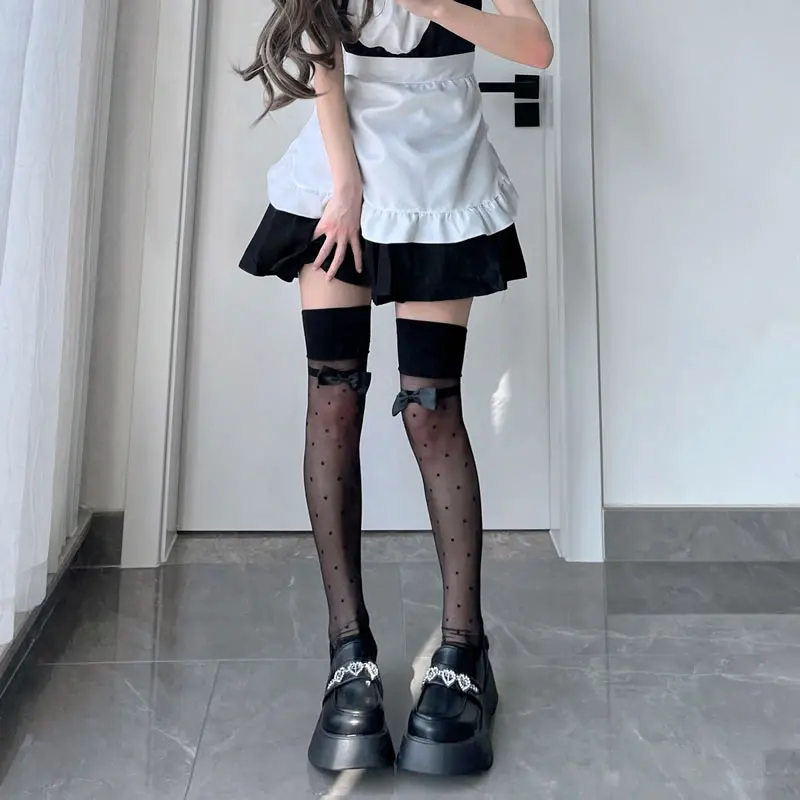 

JK Sweet Girls Cute Bow Thigh High Stockings Lolita Kawaii Japanese Style Knee High Socks Polka Dots Long Socks Stockings Women
