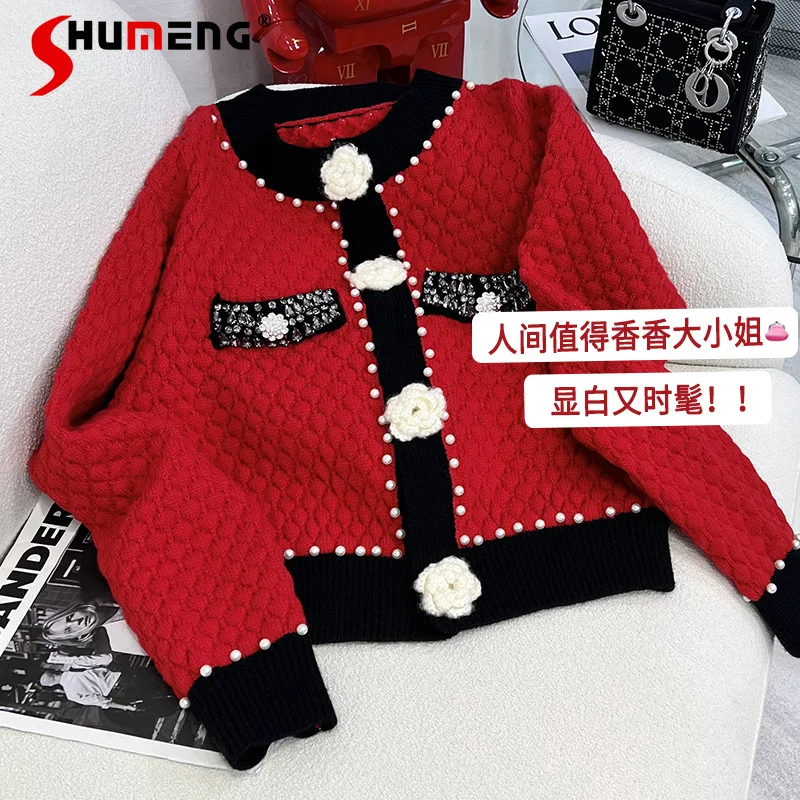 

High-End Beaded Red Knitted Cardigan 2022 Early Spring Korean Style Temperament Socialite Slimming Short Sweater Coat for Women