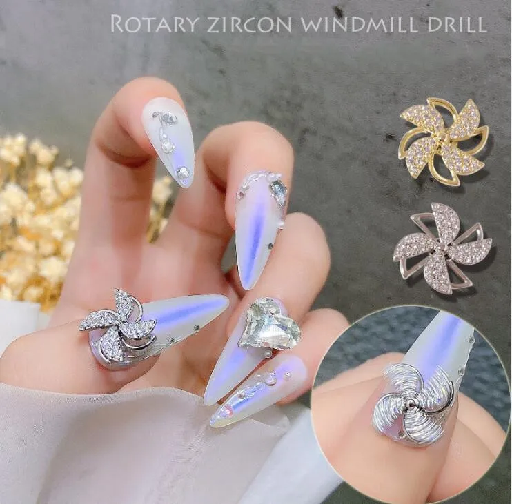 

Korea Gold Silver Rotating Pinwheel Nail Art Jewelry 3D Windmill Zircon Nail Diamonds Ornament Fashion Spin Manicure Decorations