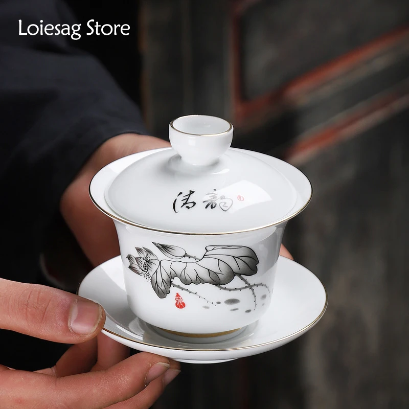 

Loiesag 165ml Dehua White Porcelain Sancai Covered Bowl Sheep Fat Jade Gaiwan Office Cup Tea Cup Set Household Respect Tea Bowl