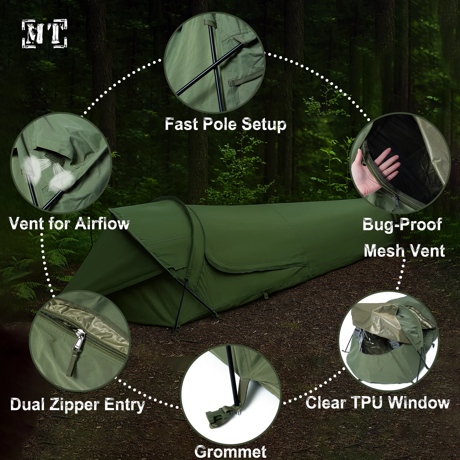 Фото Тактовое укрытие, палатка Bivy для одного человека, компактная водонепроницаемая спальная система оливкового краба с сеткой от насекомых и Windows из ТПУ №3