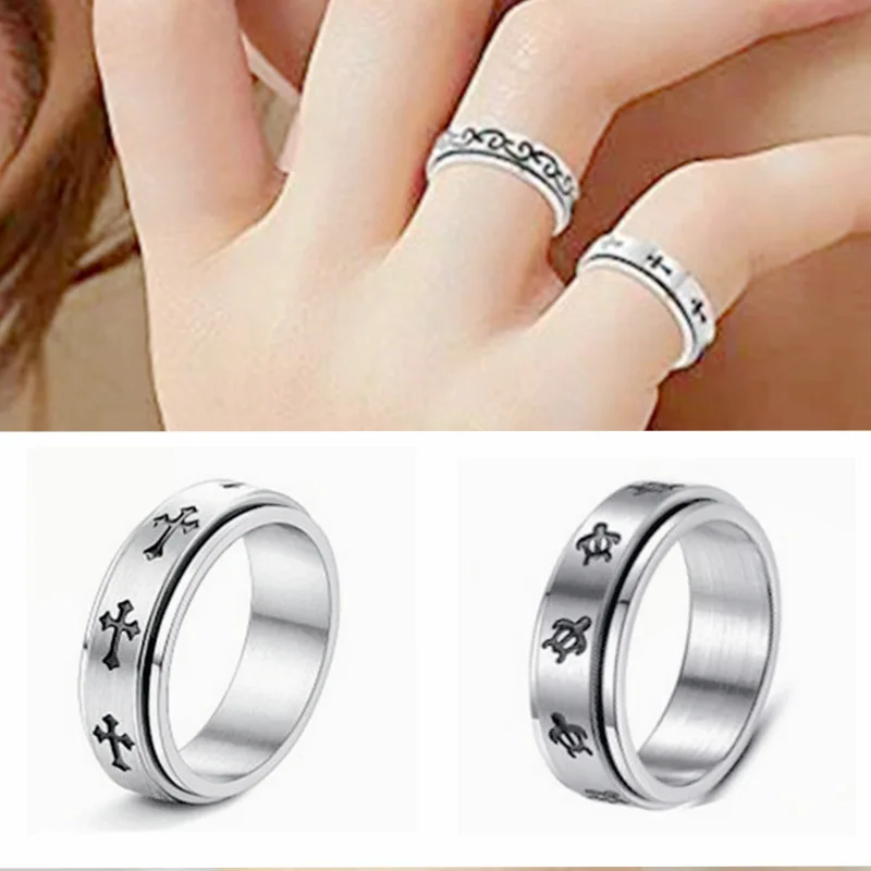 

6mm Anti Anxiety Universal Wheel Supernatural Titanium Steel Rotating Cross Couple Decompression Turtle Ring High-end Jewelry