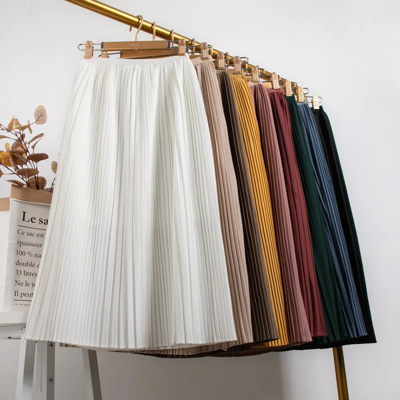 

Spring Candy Colored Solid Slim A-line Pleated Midi Skirts