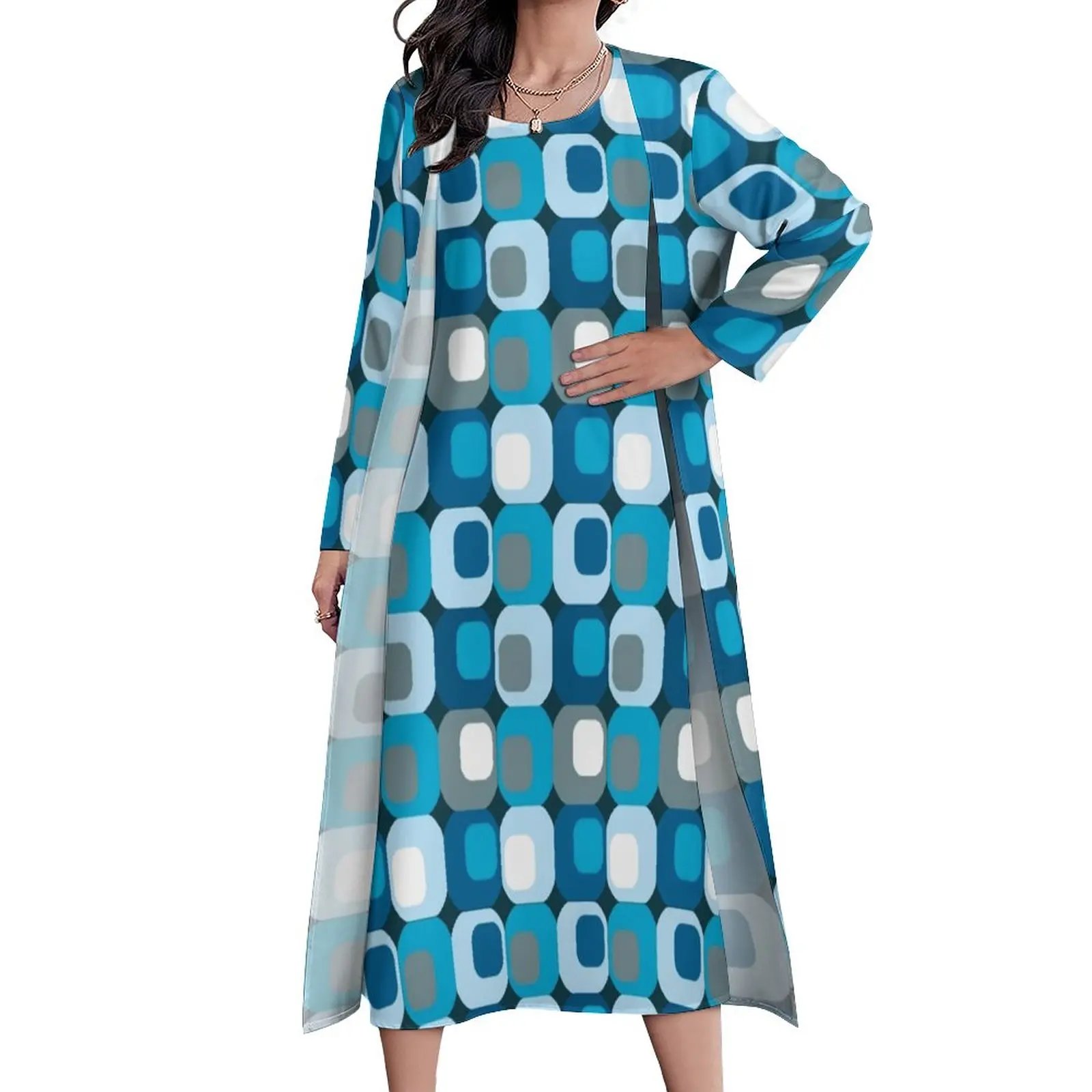 

Shades of Retro Mod Dress Autumn Blue Abstract Aesthetic Bohemia Long Dresses Woman Graphic Beach Maxi Dress 3XL 4XL 5XL