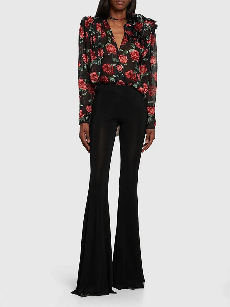 

Y2k весенне-летние топы из вискозы с V-образным вырезом и принтом роз 2023 Модный Универсальный Свободный Повседневный тонкий топ с длинными рукавами для женщин