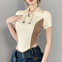 t shirt for womenretro chain stitching contrast lapel short sleeve t shirt temperament spice girl slim slim shirt