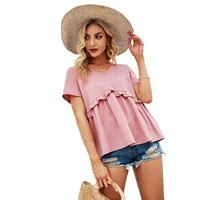 new design good quality factory price fashion hot selling womens ruffle stitching v neck pink short sleeved knitted shirt