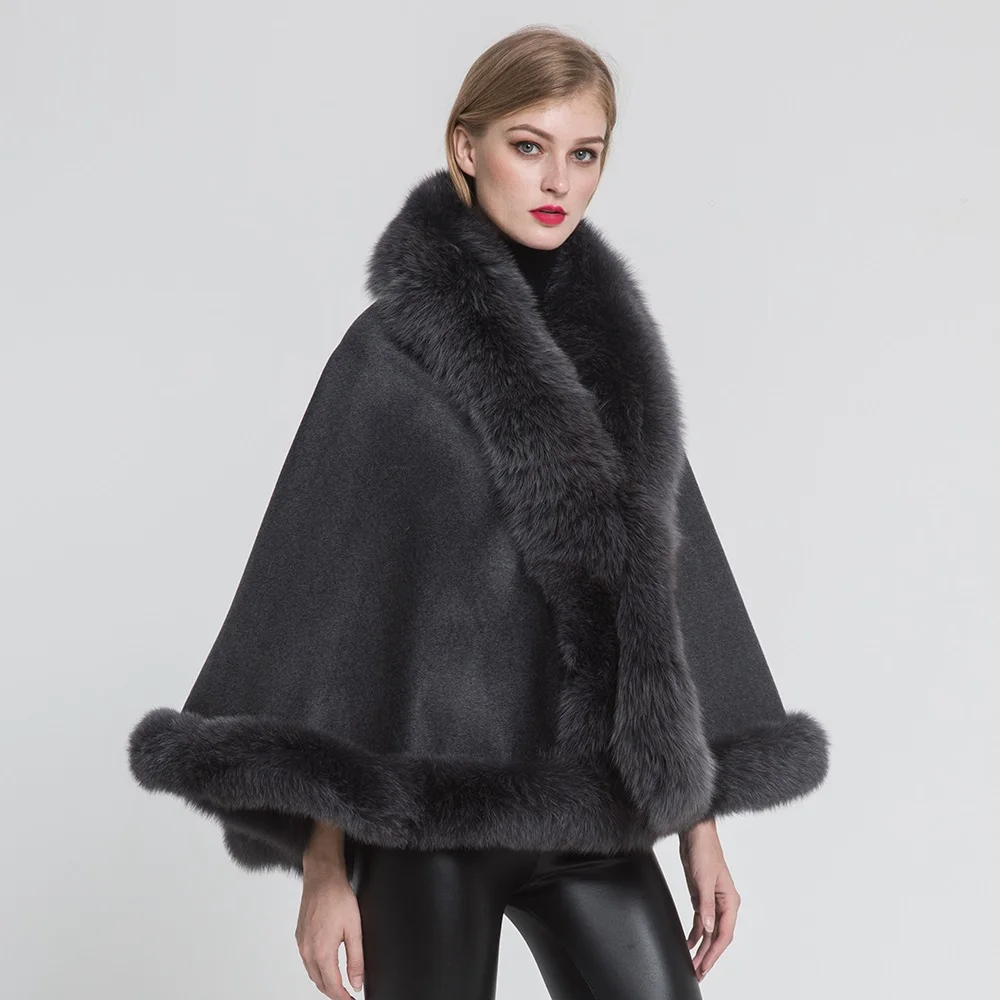 Women Fashion Real Fox Fur Poncho Solid Elegant Cashmere Capes Winter Thicken Warm All-match Fur Cloak For Women Top Quality