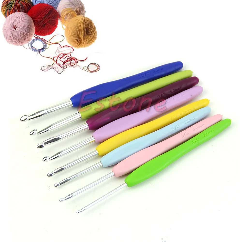 

8 Size Multicolor Soft Plastic Handle Aluminum Crochet Hooks Knitting Needle