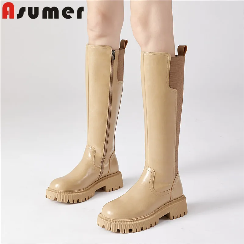 

ASUMER 2023 New Mixed Colors Genuine Leather Women Boots Autumn Ladies Knee High Boots Zipper Thick Med Heels Platform Shoes