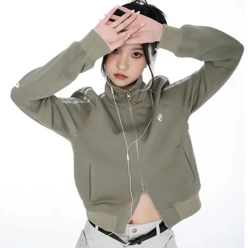 

Jackets Women Vintage Zipper Cropped Windbreaks Streetwear Y2k Korean Fashion Gorpcore Girl Stand Collar Short Outerwear