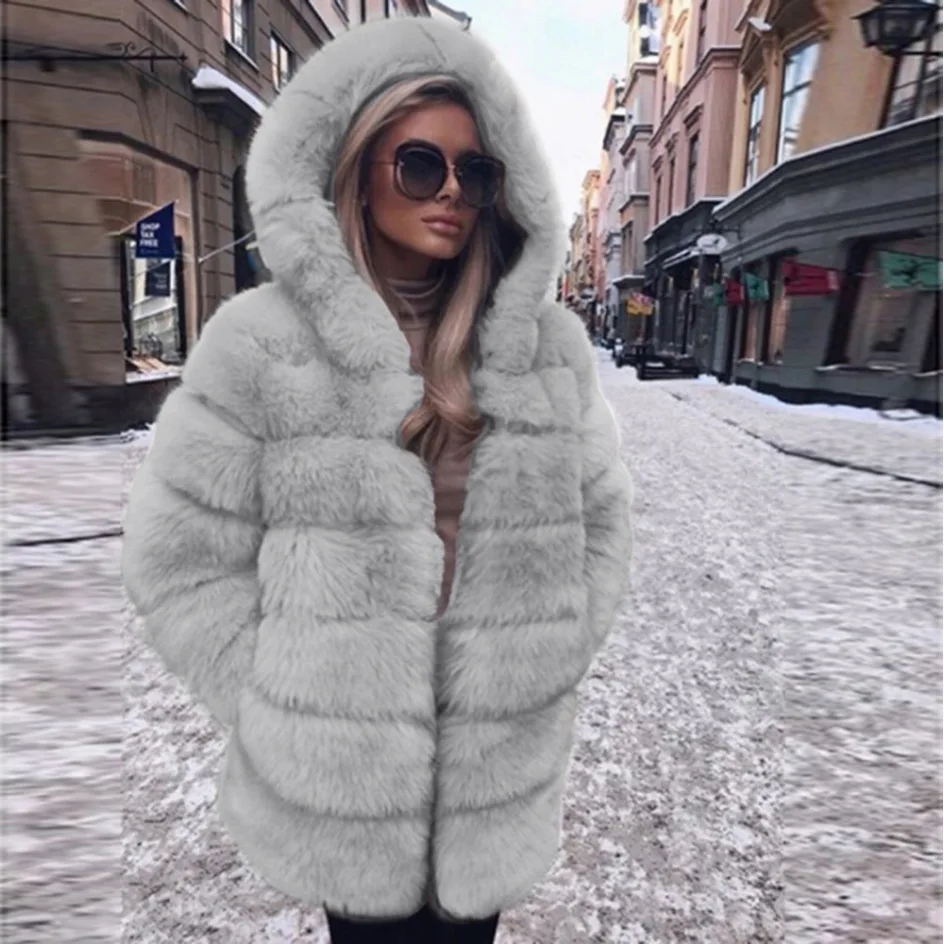Winter Thick Warm Faux Fur Long Coat Women Plus Size Hooded Long Sleeve Faux Fur Jacket Luxury Winter Solid Color Fur Coats